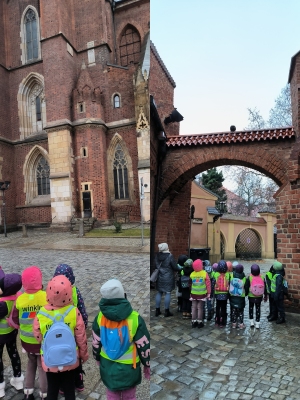 Spacer po Ostrowie Tumskim. Wcześniej dzieci poznały legendy „Kluskowej bramie” i „Kamiennej głowie”.